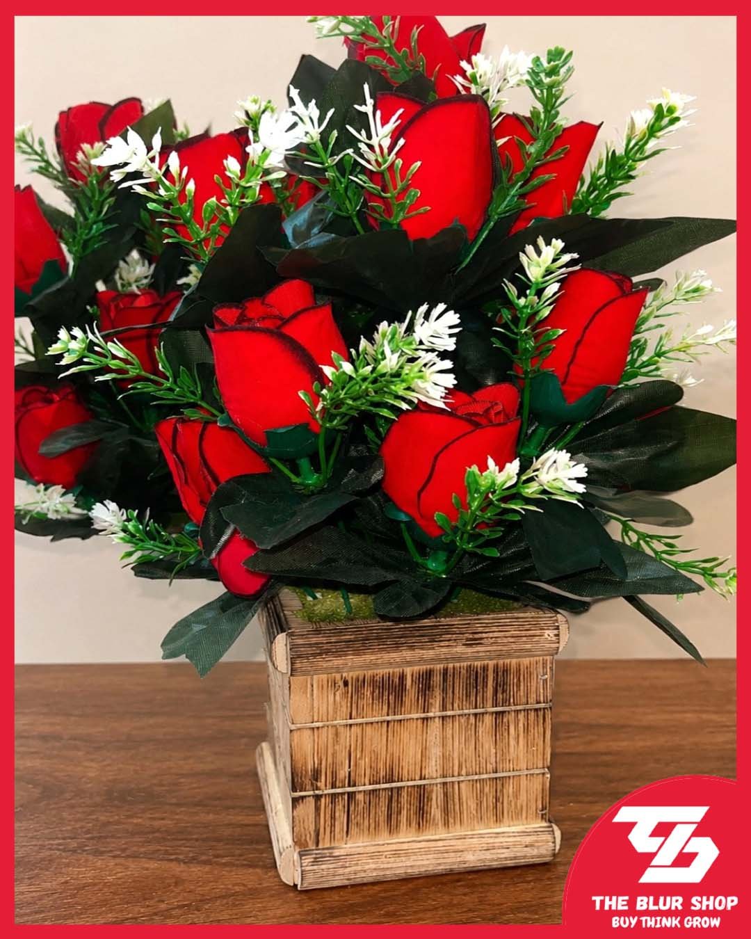 Smoke Wood Pot with Artificial Roses